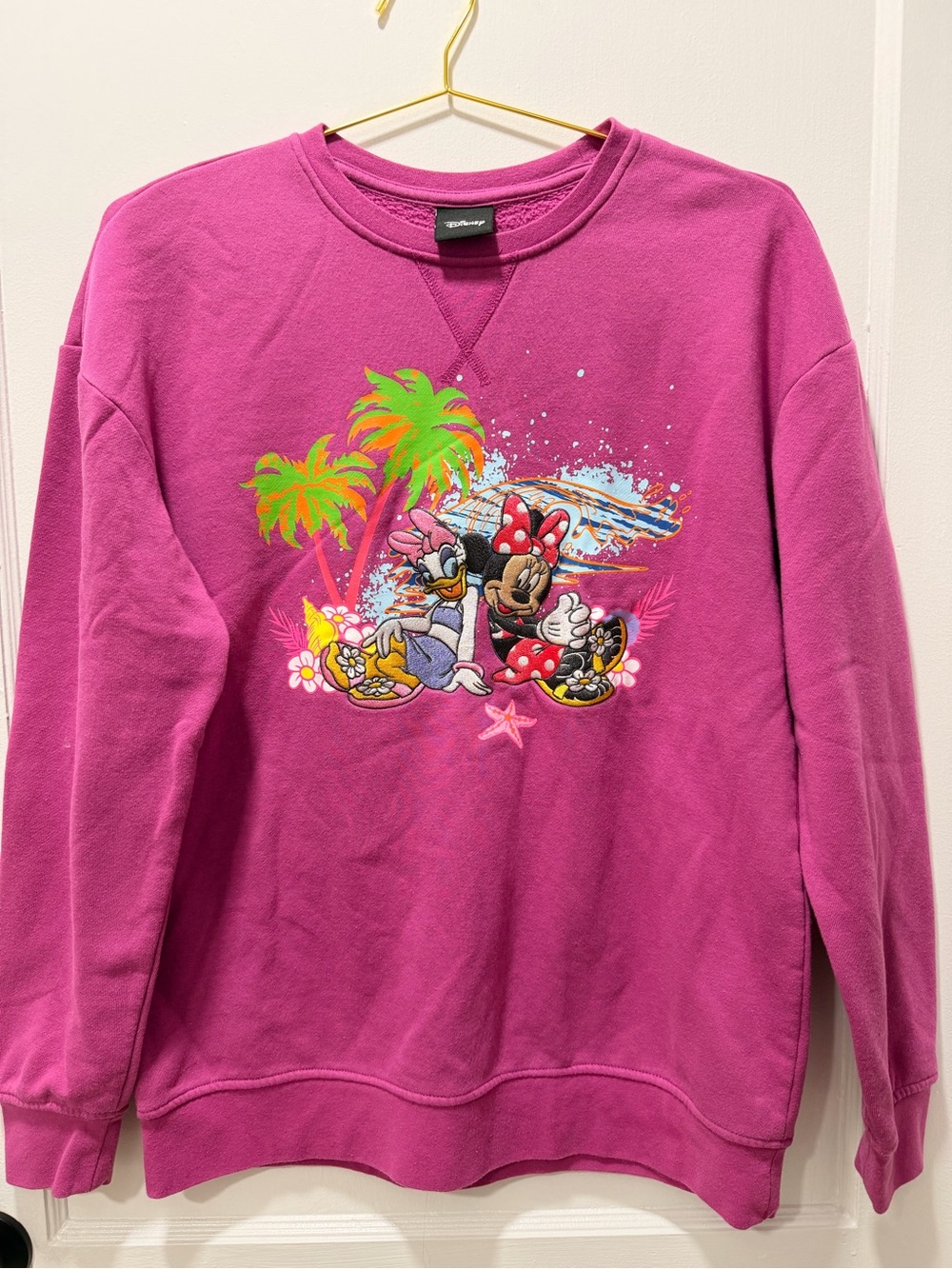 Disney Pink Pullover Sweatshirt with Daisy Duck & Minnie Mouse Beach Graphic